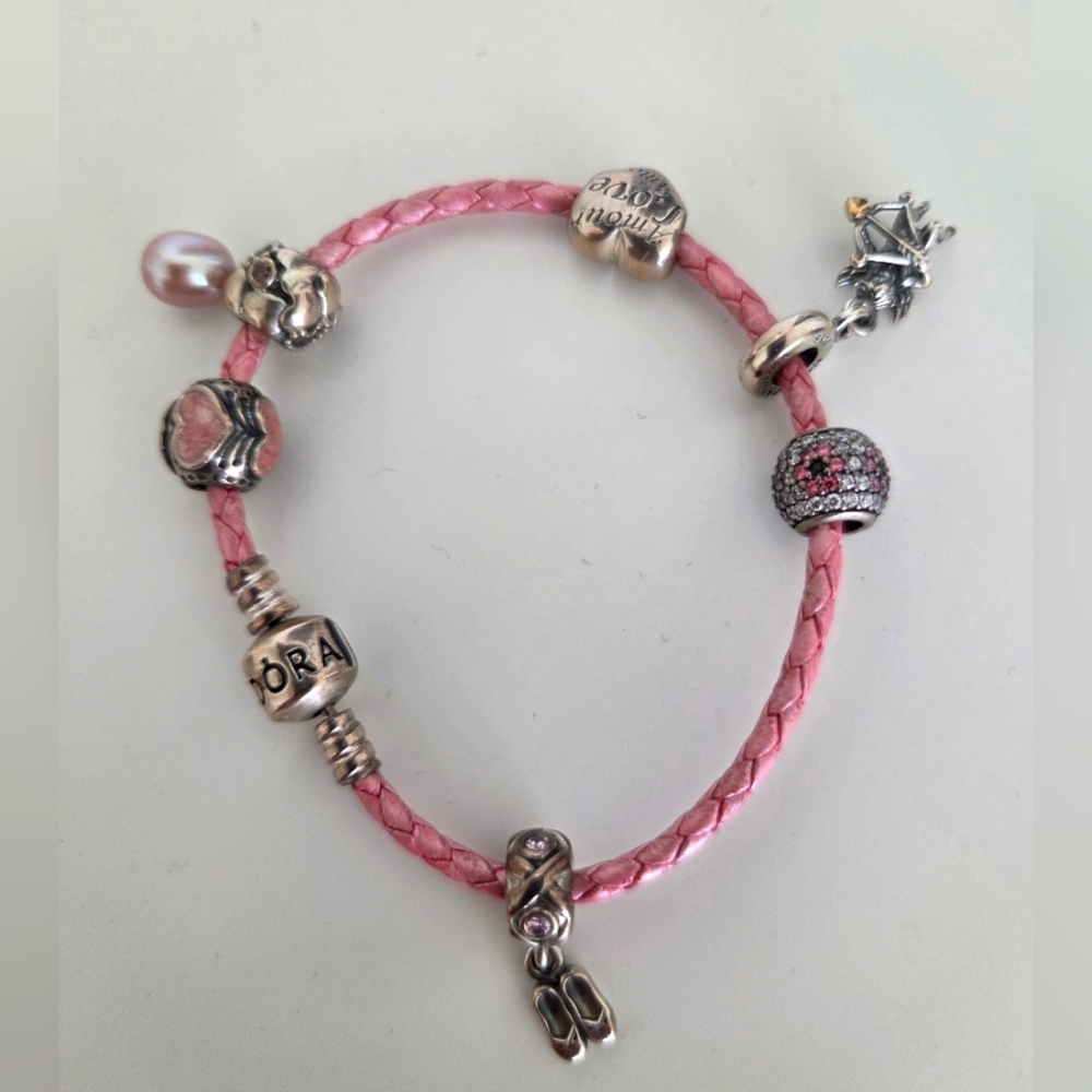 Pandora Pink Leather Bracelet Silver and Pink Charms